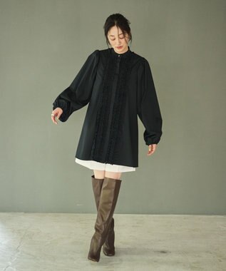 #Newans 【シワになりにくい/洗濯機可能】ロングフリルチュニック ネイビー