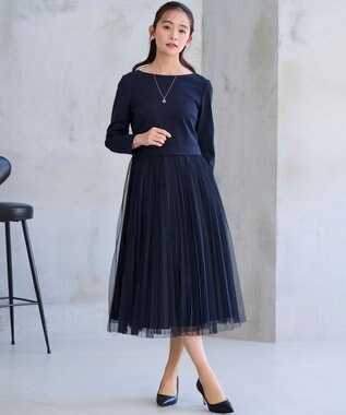 組曲 L 【WEB限定・KUMIKYOKU NAVY】ジャージーコンビ ギャザーチュール ワンピース ネイビー系