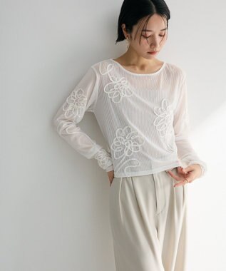 Green Parks ・ＥＬＥＮＣＡＲＥ　ＤＵＥ　コード刺繍シアーロンＴ Off White