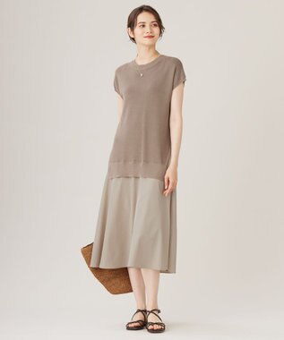 自由区 L 【カタログ掲載・洗える】ハイツイストコットンアセテート異素材コンビ ワンピース ダークサンドxサンド