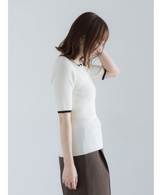 Te chichi 【UVカット】ヘンリーネック5分袖配色リブニット オフホワイト