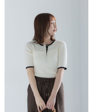 Te chichi 【UVカット】ヘンリーネック5分袖配色リブニット オフホワイト
