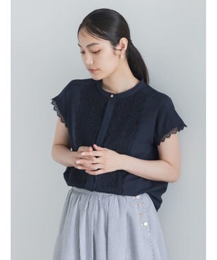 Te chichi 【接触冷感/イージーケア】フロントレースフレンチスリーブブラウス ネイビー