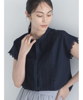 Te chichi 【接触冷感/イージーケア】フロントレースフレンチスリーブブラウス ネイビー