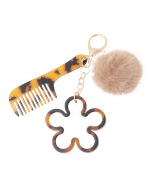 earth music&ecology ファーポンポン＋べっ甲柄ミラー付きチャーム Beige