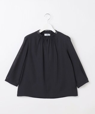 J.PRESS LADIES シャドーストライプ スリットフリルネック カットソー ネイビー系