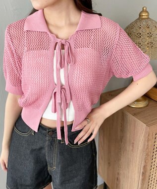 WEGO 襟付きリボンメッシュショートカーデ ピンク