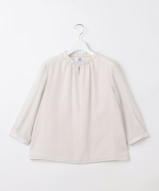 J.PRESS LADIES シャドーストライプ スリットフリルネック カットソー ライトグレー系