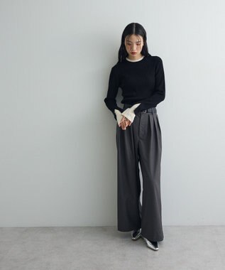 Green Parks ダブルカフスモックネック配色ニット Black