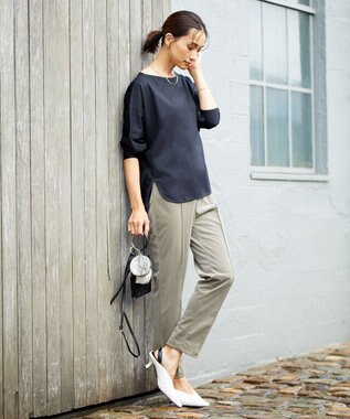 ICB 【洗える】タイプライタージャージー 8分袖ドルマンスリーブカットソー ブラック系