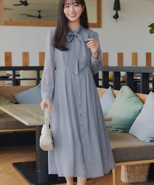 Tiaclasse L 【2WAY取り外しリボン付き】リボンタイラメシフォンワンピース サックス