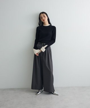 Green Parks ダブルカフスモックネック配色ニット Black