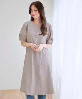 Tiaclasse L 【洗える】ギャザーランタンスリーブワンピース グレージュ