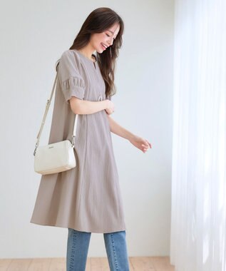 Tiaclasse L 【洗える】ギャザーランタンスリーブワンピース グレージュ