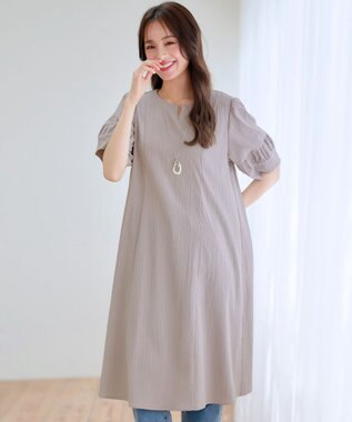 Tiaclasse L 【洗える】ギャザーランタンスリーブワンピース グレージュ