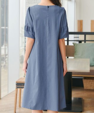 Tiaclasse L 【洗える】ギャザーランタンスリーブワンピース ブルー