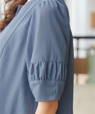 Tiaclasse L 【洗える】ギャザーランタンスリーブワンピース ブルー