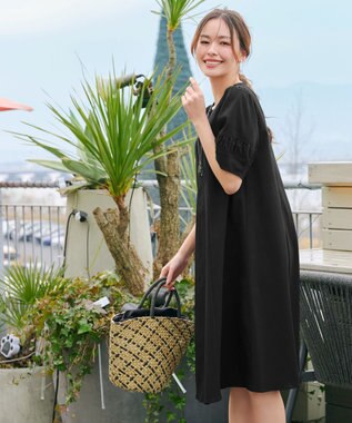 Tiaclasse L 【洗える】ギャザーランタンスリーブワンピース ブラック