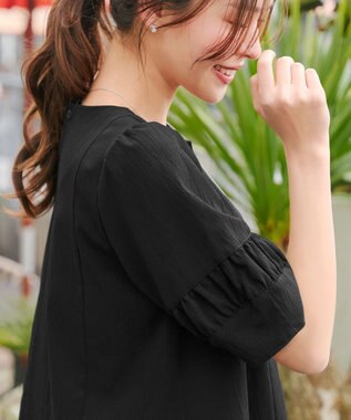 Tiaclasse L 【洗える】ギャザーランタンスリーブワンピース ブラック