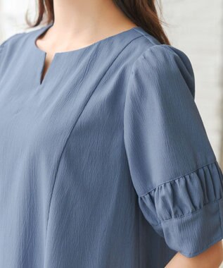 Tiaclasse L 【洗える】ギャザーランタンスリーブワンピース ブルー