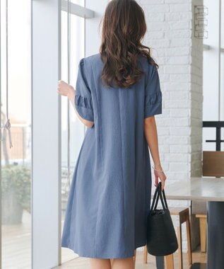 Tiaclasse L 【洗える】ギャザーランタンスリーブワンピース ブルー