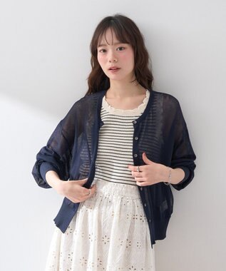 earth music&ecology 接触冷感シアークルーニットカーディガン Navy