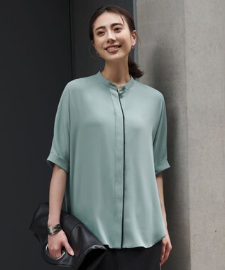 ICB L 【新色追加・WEB限定カラーあり】BackSatinAmunzen 5分袖バンドカラーブラウス