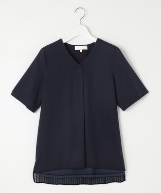 自由区 【洗える・XSサイズあり】シアーコンビバックプリーツ カットソー ネイビー系