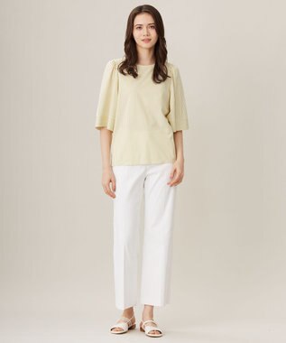 自由区 【洗える】リヨセルコットンストライプ カットソー オフ×ピスタチオ