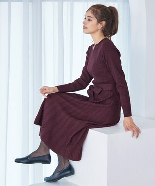 Tiaclasse 【洗える】プリーツ編みラメニットフレアワンピース ワイン