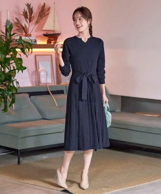 Tiaclasse 【洗える】プリーツ編みラメニットフレアワンピース ネイビー