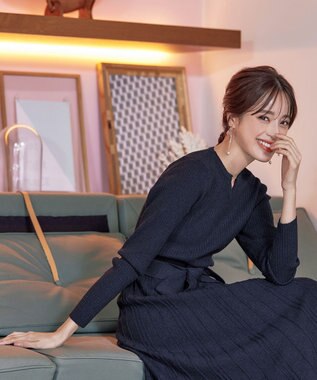 Tiaclasse 【洗える】プリーツ編みラメニットフレアワンピース ネイビー