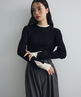 Green Parks ダブルカフスモックネック配色ニット Brown