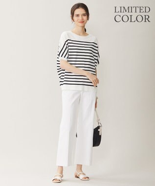 自由区 【WEB限定カラーあり・接触冷感・UVカット】クレープストレッチドルマン ニット [WEB限定]オフ×ブラックボーダー