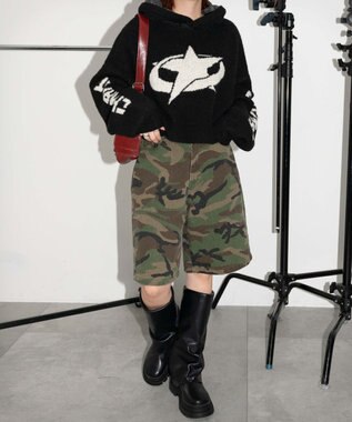 WEGO スタージャガードニットプルパーカー ブラック