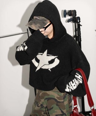 WEGO スタージャガードニットプルパーカー ブラック