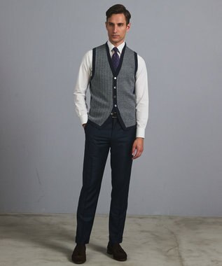 GOTAIRIKU 体温調整に【洗える/チクチクしにくい/ピリングしにくい】イタリア糸 ハイゲージ ベスト_WOOL100% ネイビー×ヘリンボーン柄(25年新色)