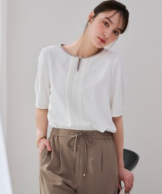 ANY SIS S 【洗える】フロントタックバイカラー ブラウス オフ×ライトベージュ