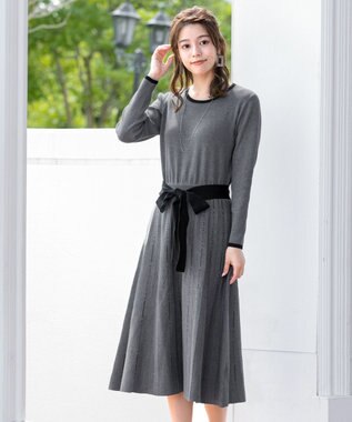 Tiaclasse 【洗える】1枚で着映えするステッチニットワンピース チャコール×ブラック