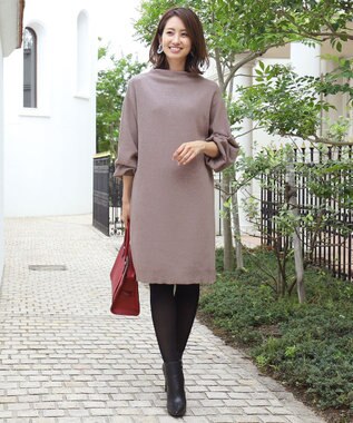 Tiaclasse L 【洗える】着心地抜群のボトルネック袖コンニットワンピース モカ