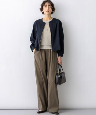 23区 リネンレーヨンストレッチ ノーカラー ブルゾン ネイビー系