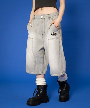 WEGO 【ユニセックス着用ITEM】ダブルニーロゴデニムショーツ グレー