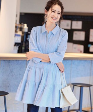 Tiaclasse L 【洗える】1枚で大人華やぐ2段ティアードシャツチュニック サックスストライプ