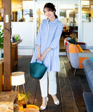 Tiaclasse L 【洗える】1枚で大人華やぐ2段ティアードシャツチュニック サックスストライプ