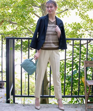 Tiaclasse L 【洗える】マルチボーダーフレンチスリーブニット モカ×グレージュ