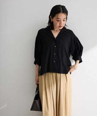 Green Parks 接触冷感シルキータッチローンオープンカラーシャツ Black