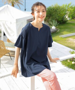 Tiaclasse 【洗える】キーネックフレア袖チュニックブラウス ネイビー