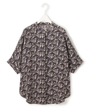 ICB L 【人気のため新色追加・接触冷感・UVケア・速乾・洗える】BackSatinAmunzen 5分袖バンドカラーブラウス チャコール×トープ柄系