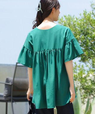Tiaclasse 【洗える】キーネックフレア袖チュニックブラウス グリーン