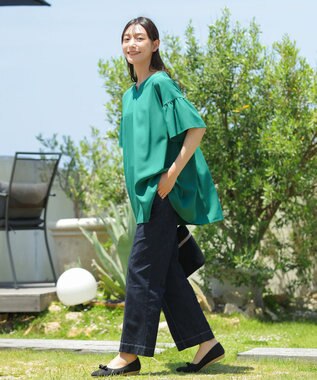 Tiaclasse 【洗える】キーネックフレア袖チュニックブラウス グリーン